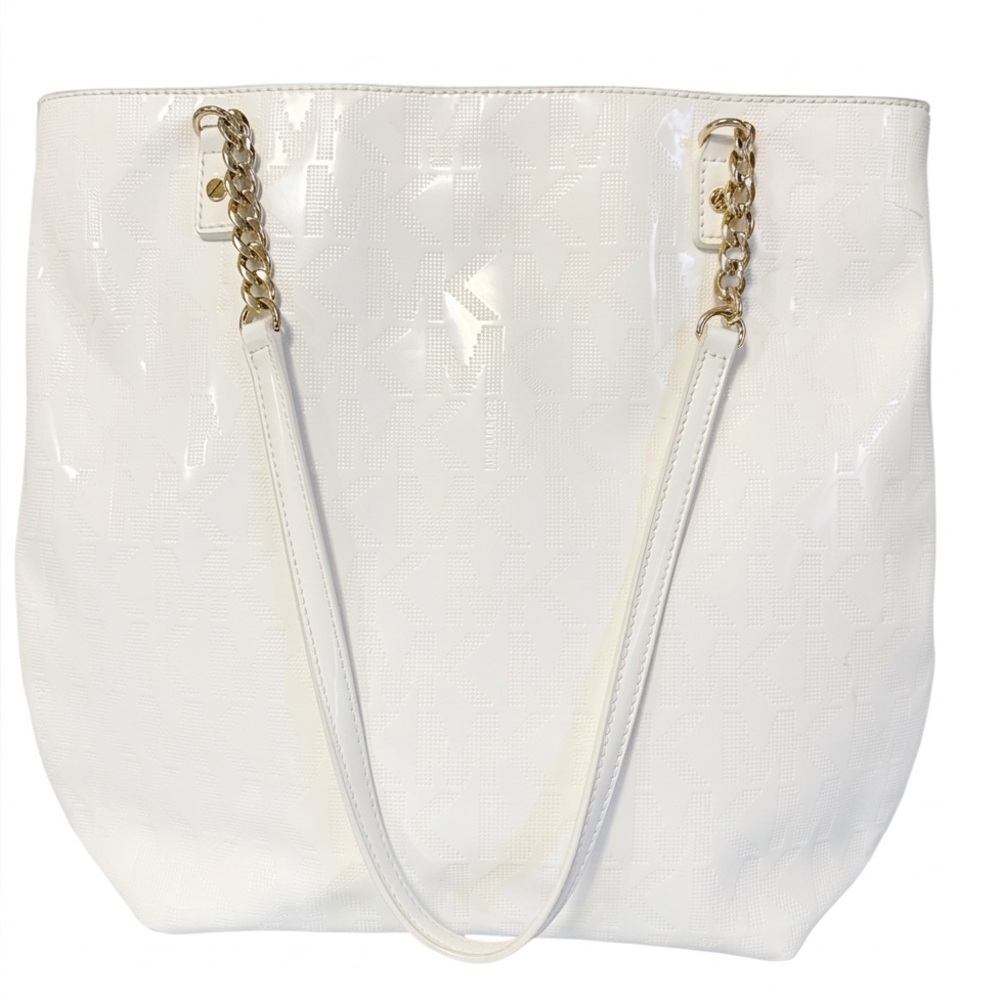 Michael Kors White Jet Set Monogram Logo Tote with‎ Gold Chain Detail